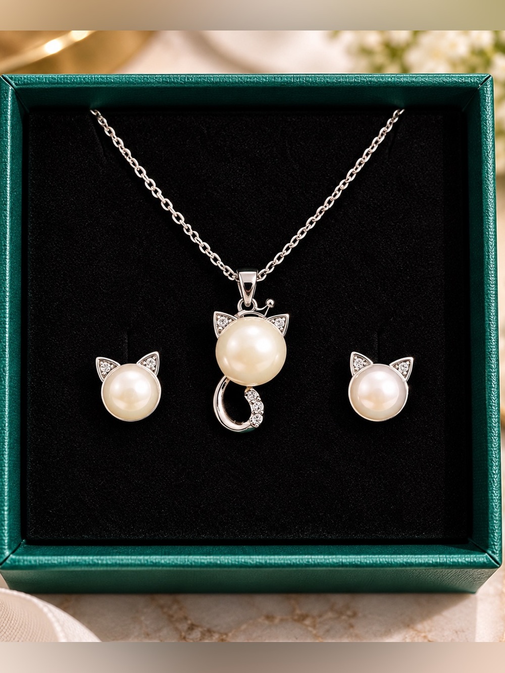 Pearl Cat Necklace & Earrings Jewelry Set Silver Tone Crystal Kitty Gift